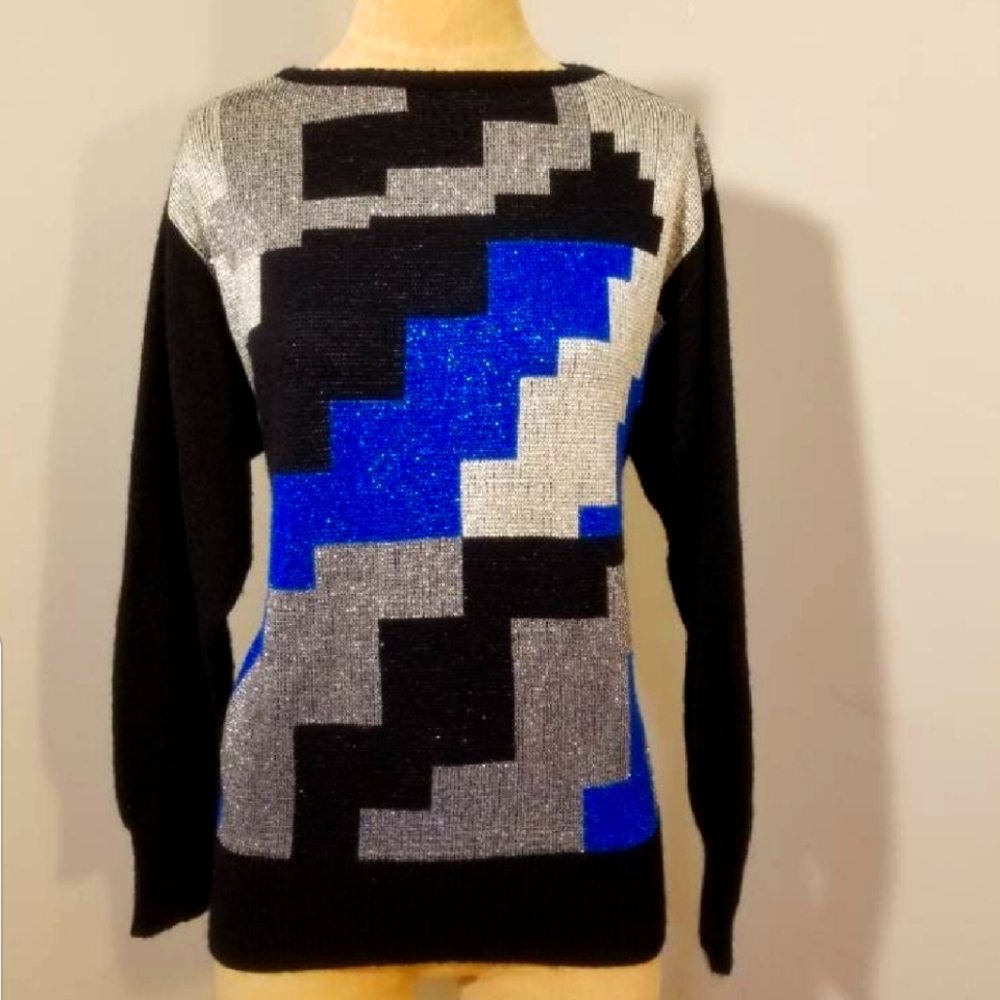 VINTAGE GEOMETRIC SWEATER 80S METALLIC MADEMOISELLE RETRO FALL WINTER 70S BLOCKS